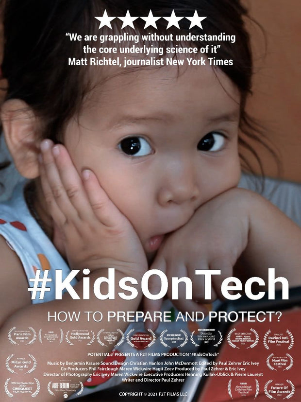 Poster for "#KIDSONTECH". A little girl looks at the camera with wide eyes, film laurels, and five stars from New York Times journalist.