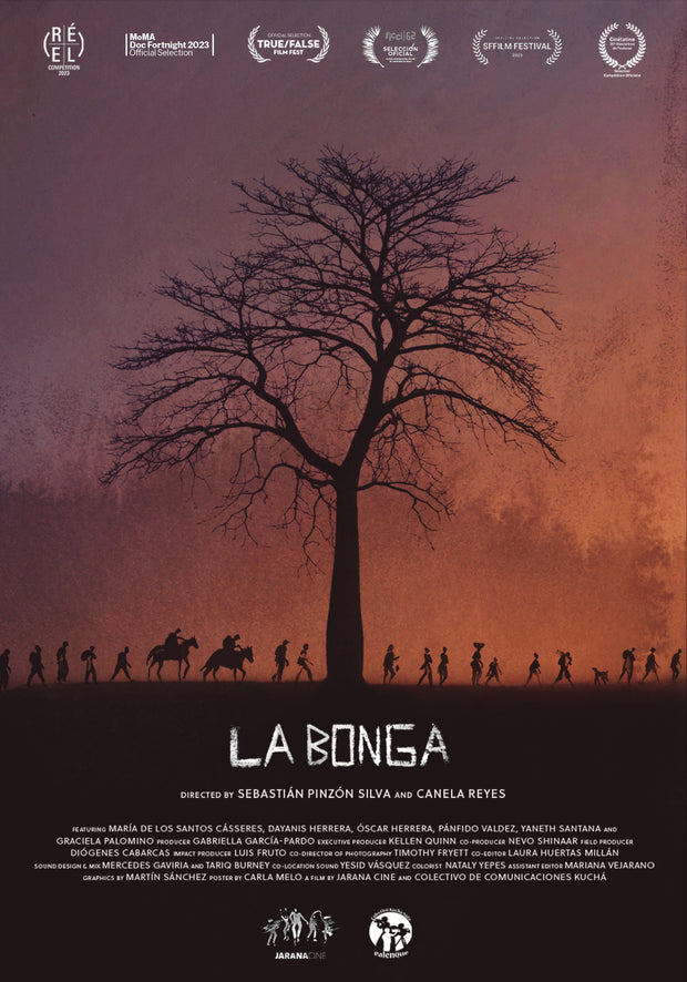 Film poster for "La Bonga" with silhouettes of people walking across large tree in center.