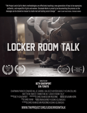 Film poster for “LOCKER ROOM TALK”. Bottom view, legs of people in football sneakers. 