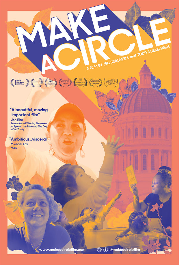 Film poster for "Make A Circle". Female teachers and children in orange and blue.