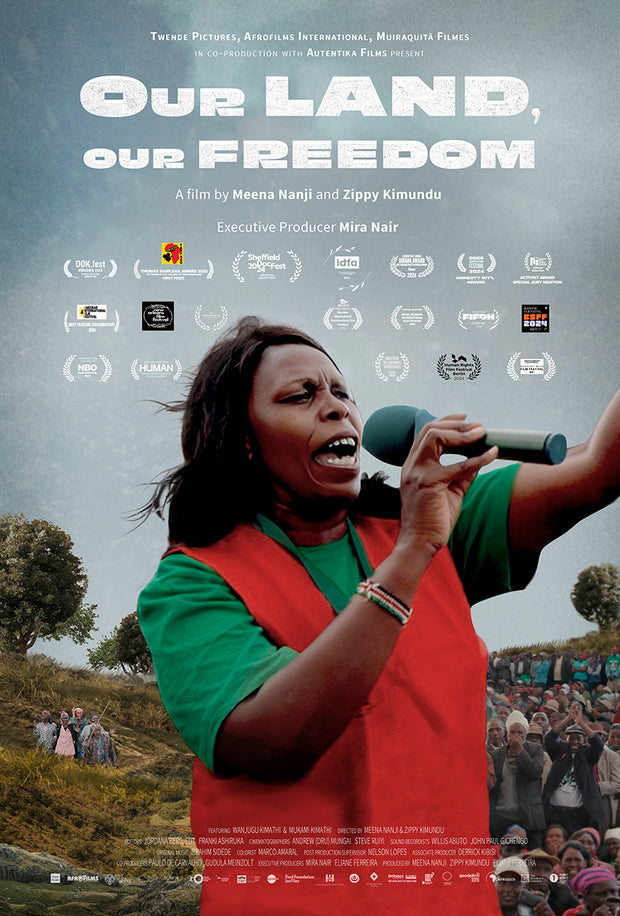 Film poster for "Our Land, Our Freedom." A woman holding a microphone.