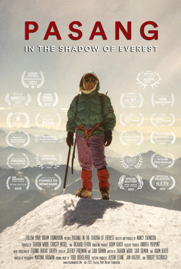 Film poster for "PASANG: In the Shadow of Everest" with woman in snow hiking gear on top of mountain.