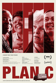 Film poster for "Plan C" with a collage in tint color of women activists fighting for reproductive rights 