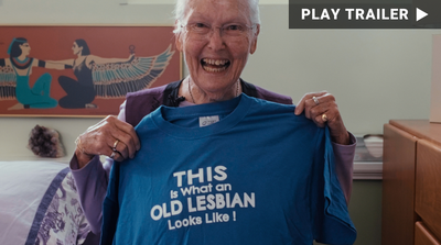 Trailer for documentary "Old Lesbians" directed by Meghan McDonough. Old lady holding up a blue shirt. https://vimeo.com/1044848169