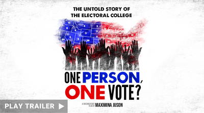 Film Trailer for "One Person, One Vote?" directed by Maximina Juson. A red and blue image of the United States with the title. https://vimeo.com/919393876