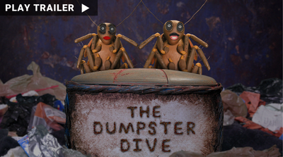 Trailer for documentary “The Dumpster Dive” directed by Laura Asherman. Two bugs stand on a dumpster. https://vimeo.com/875321706