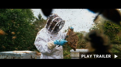 Trailer for the documentary "The Keepers" directed by Eoin McGowan. Wide shot of a beekeeper surrounded by bees. https://vimeo.com/1120996426