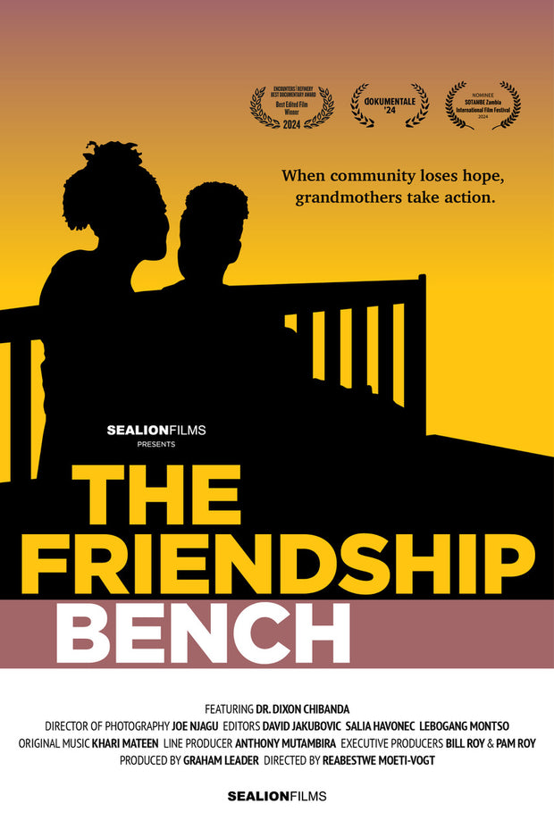 Film poster for "THE FRIENDSHIP BENCH". Two people are sitting on a bench.