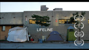 Film poster for "Lifeline" with tents on sidewalk.