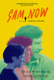 Film poster for "Sam Now" with a boy, teen, and man in blue, purple, and green on yellow background.