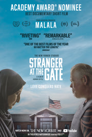 Film Poster for "Stranger at the gate." A woman looks down as a man across from her looks toward a building with an American flag.
