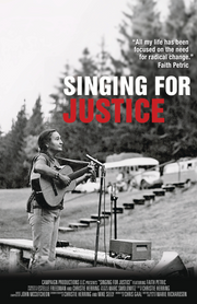 Film poster for "Singing for Justice" with black and white photo of lady playing her guitar.