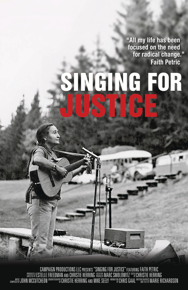 Film poster for "Singing for Justice" with black and white photo of lady playing her guitar.