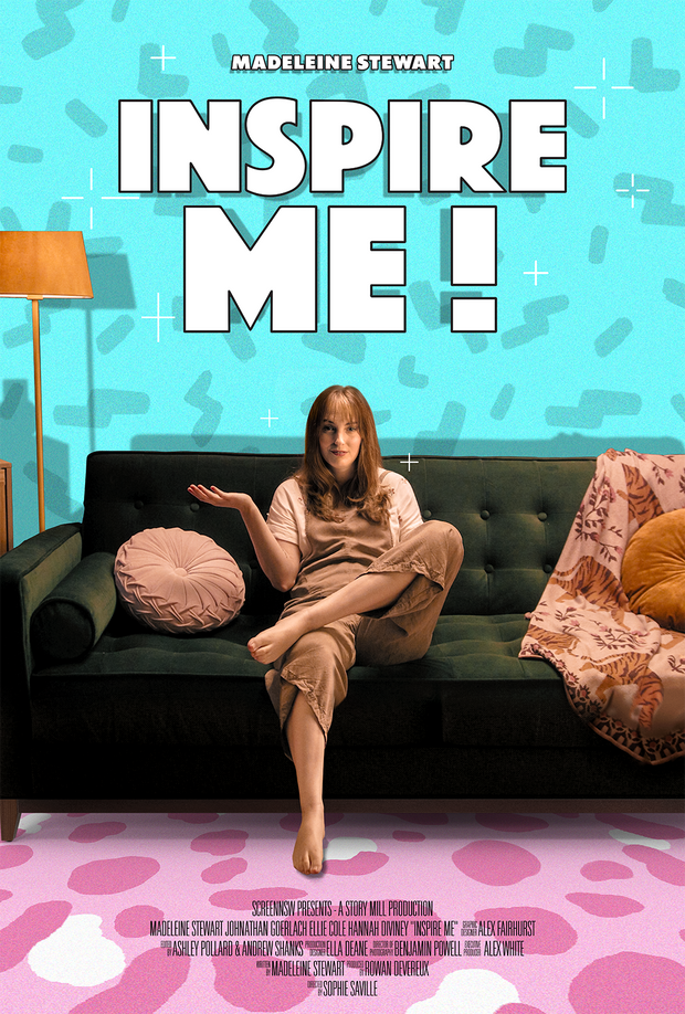 Poster for "INSPIRE ME". A young woman sits on a couch.