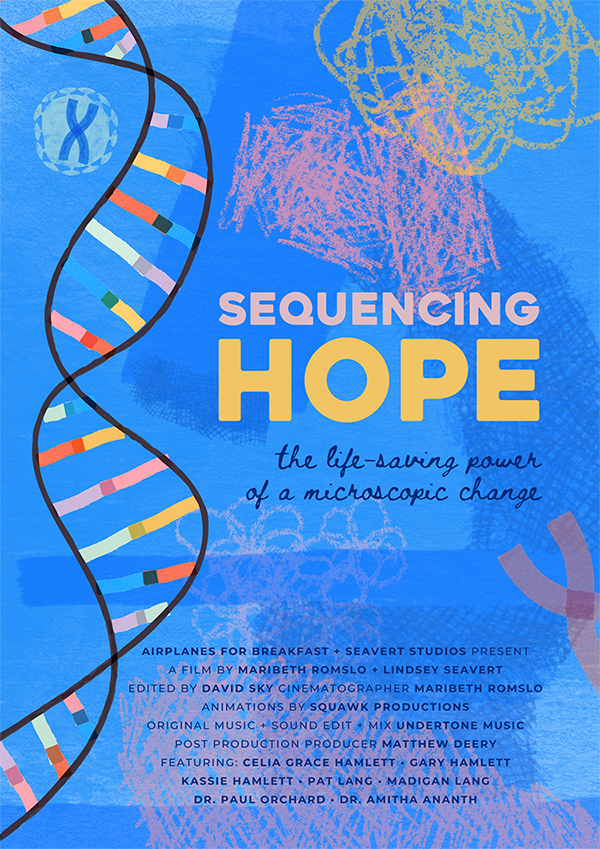 Film poster for "Sequencing Hope" with illustration of DNA strand on blue background.