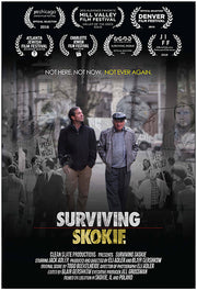 Film poster for "Surviving Skokie". With film laurels, two men walk down a street with reflective archival images of the Holocaust.