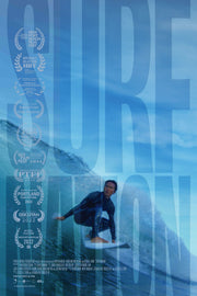 "Surf Nation" Film Poster with laurels. A young boy on a surf board in the ocean.