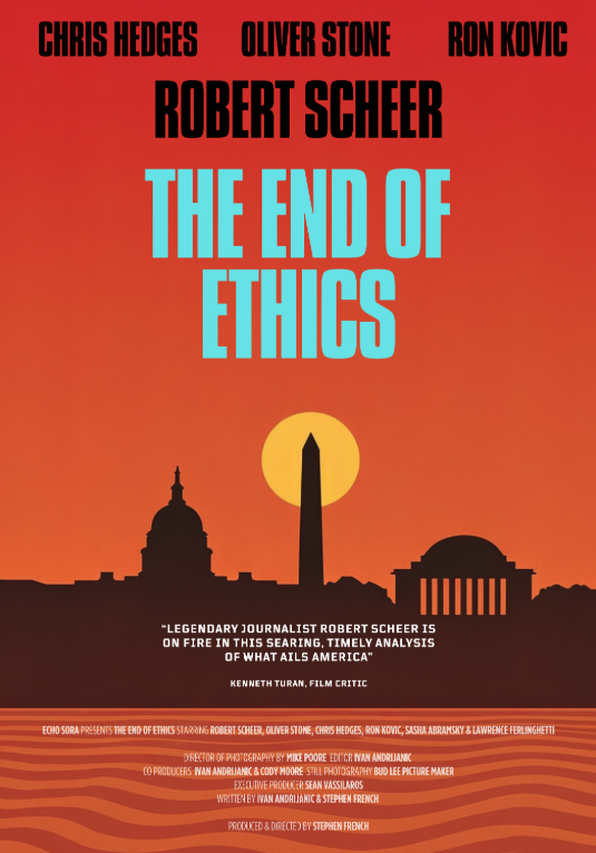 Film poster for "The End of Ethics." A silhouette of the U.S. Capitol against an orange background. 