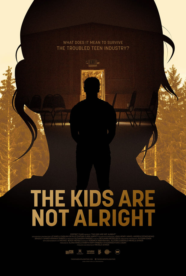 Film poster for "The Kids Are Not Alright" with silhouette of man standing in a room.