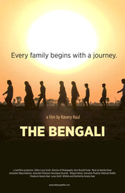 Film poster for "The Bengali" with silhouette of people walking on dirt street with sunset.