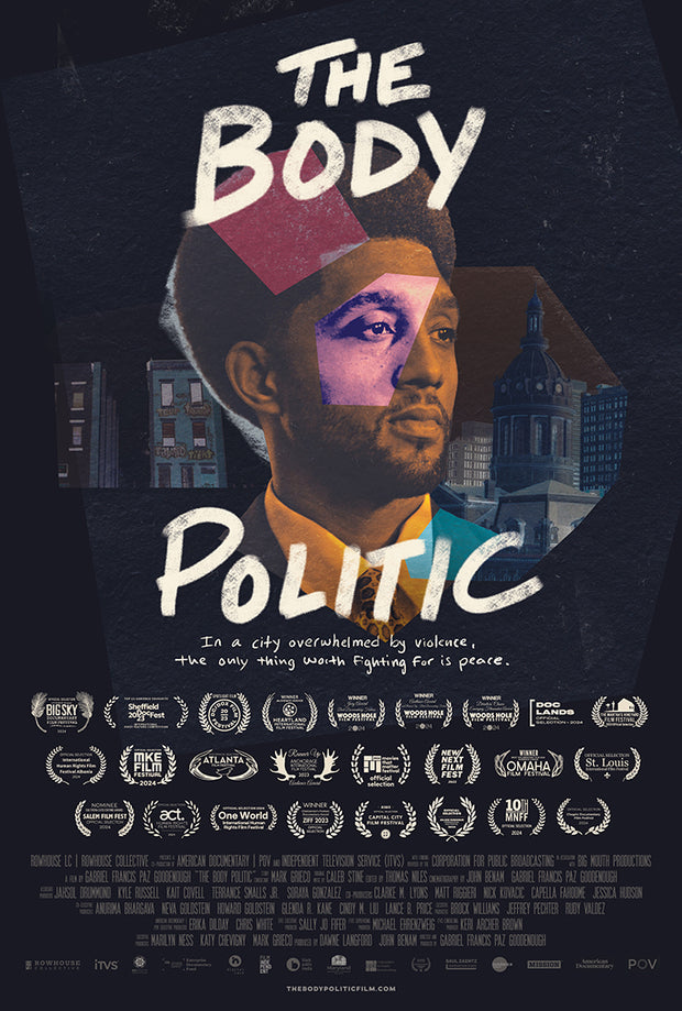 Film poster for "The Body Politic" with collage of closeup of young black man on navy blue background.
