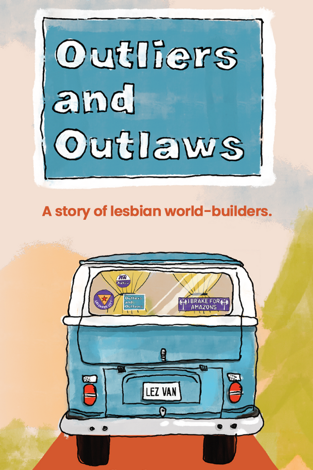 Film poster for Outliers and Outlaws. Graphic of a blue van. 