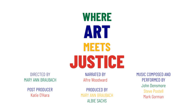 Film poster for "Where Art Meets Justice" with film title and credits in red, blue, green, and yellow font.
