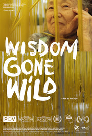 Film poster for “Wisdom Gone Wild”. Elderly woman smiles amid yellow curtains. 
