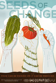 Film poster for "SEEDS OF CHANGE". An image of several hands holding up various vegetables.