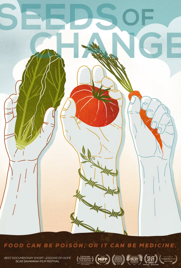 Film poster for "SEEDS OF CHANGE". An image of several hands holding up various vegetables.