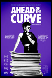  Film poster for “AHEAD OF THE CURVE”. The girl stands on a purple background and looks away smiling.