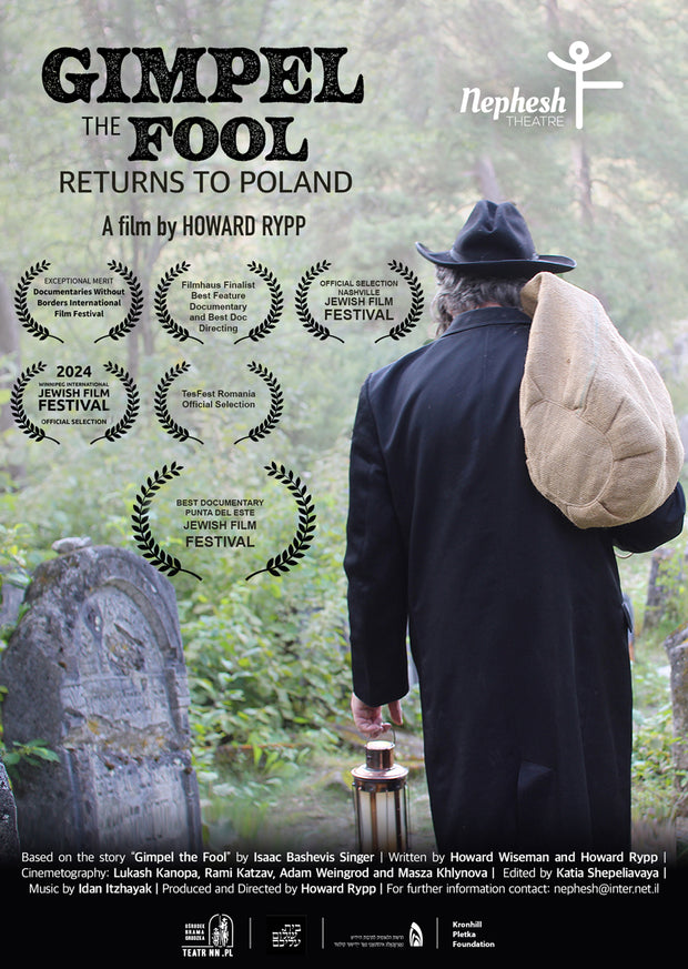 Film poster for "GIMPEL THE FOOL RETURNS TO POLAND". Close-up of a man standing behind a fence looking anxiously ahead.