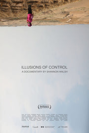 Film Poster for "Illusions of Control". A woman in pink clothing stands at a viewpoint overlooking a desert.