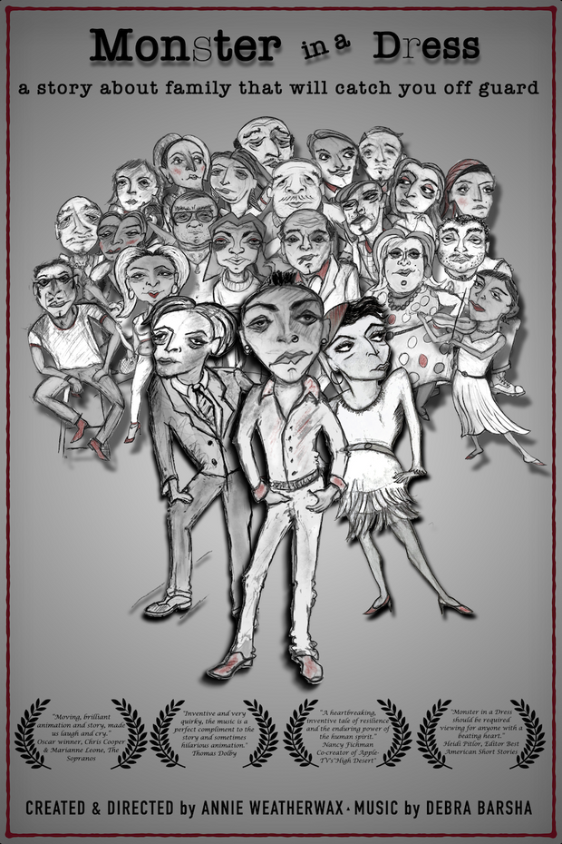 Film poster for “MONSTER IN A DRESS". Many different characters are drawn, which are united in a group.