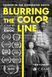 Film poster for "Blurring the Color Line" with black and white image of black man and asian girl.