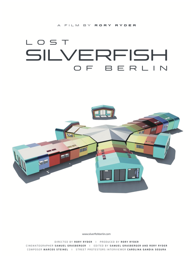 Poster for "Lost Silverfish of Berlin". A colorful image of multiple houses stack together. 