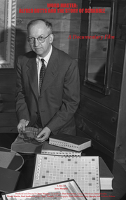  Film poster for “WORD MASTER: ALFRED BUTTS AND THE STORY OF SCRABBLE". Alfred Butts with his word game on the table.