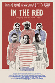 Film poster for "In the Red" with a group of teenagers and a reck background. 