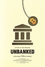 Film poster for 'Unbanked." A bank building and Bitcoin symbol on a beige background.