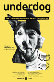 Film poster for "Underdog" with half man and half dog face on yellow background.