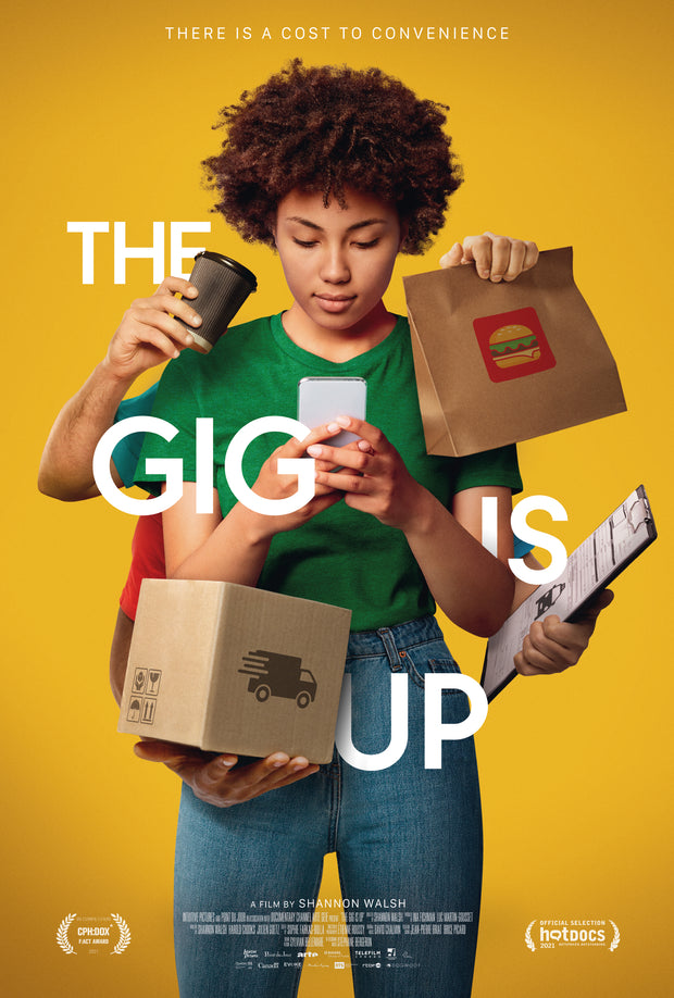 Film poster for "The Gig is Up" with woman on phone surrounded by deliveries 