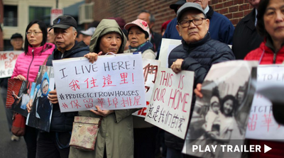 Trailer for documentary "A Tale of Three Chinatowns" directed by Lisa Mao. Asian protestors holding posters and photos. https://vimeo.com/718092030