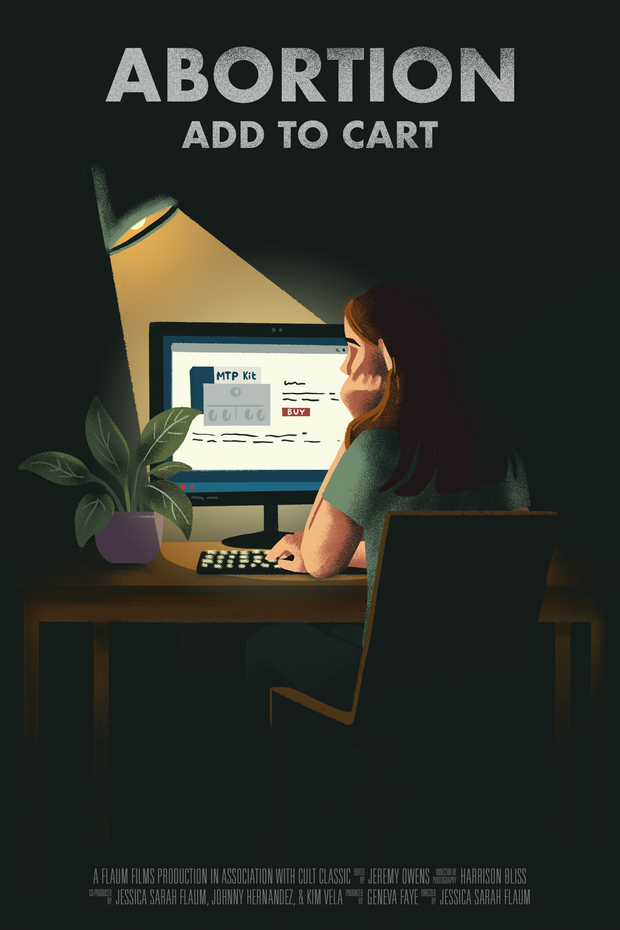 Film poster for "Abortion: Add to Cart" with illustration of woman looking at her laptop.
