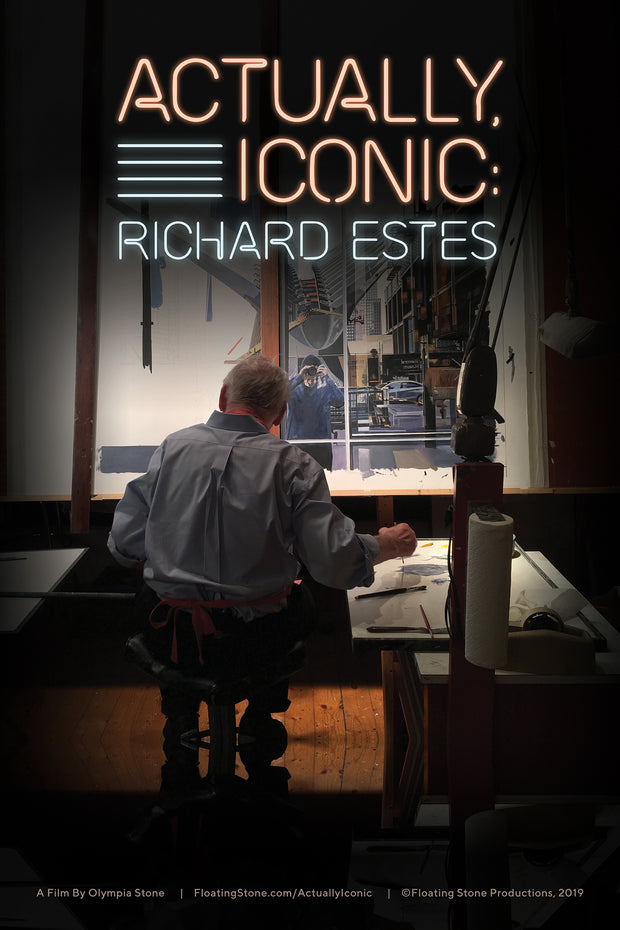 Film poster for "Actually, Iconic: Richard Estes" with man sitting in chair