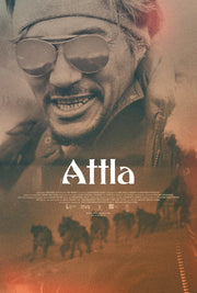 Film poster of "Attla" with large face of man and dogsled