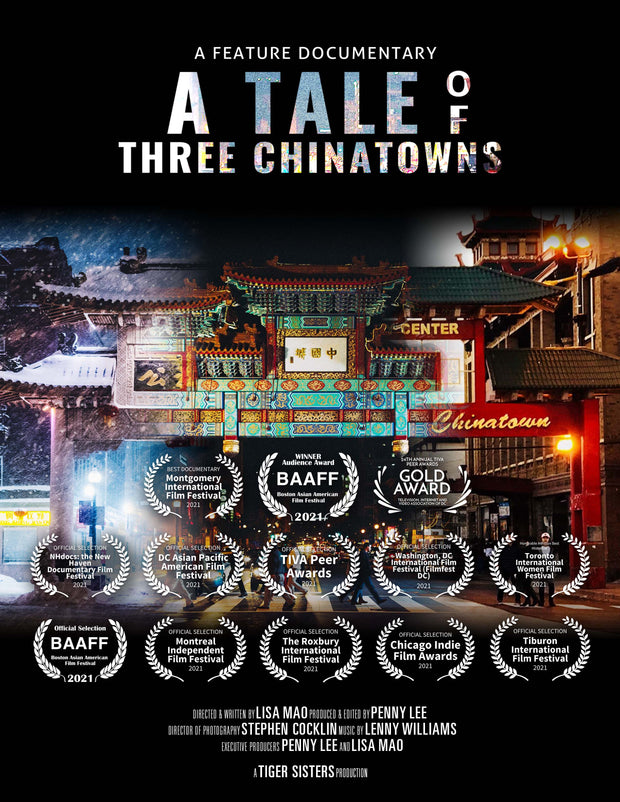 Film poster for "A Tale of Three Chinatowns" with three Chinatown locations.
