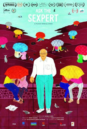 Film poster for "Ask The Sexpert" with old man with cane and couples under umbrellas