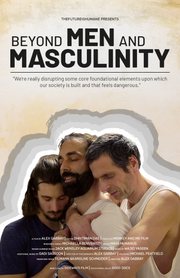 Film poster for "Beyond Men and Masculinity" with two men hugging another man.