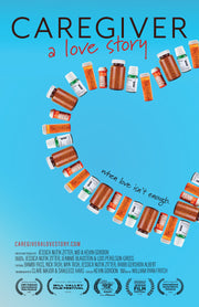 Film poster for "Caregiver: A Love Story" in blue with heart.