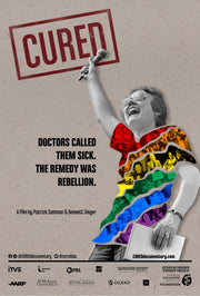 Film poster for "Cured" with lady holding microphone and notebook.
